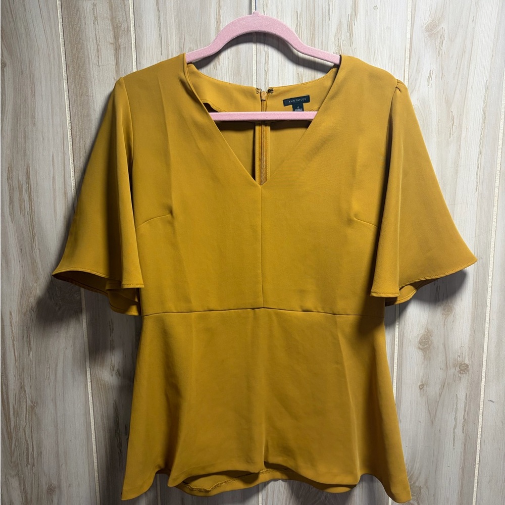 Ann Taylor Mustard Yellow V-Neck Flutter Sleeve Blouse